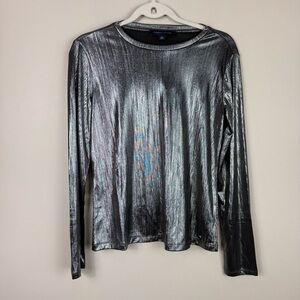 Tommy Hilfiger Metallic Top Womens Small Long Sleeve Crewneck Silver Grunge